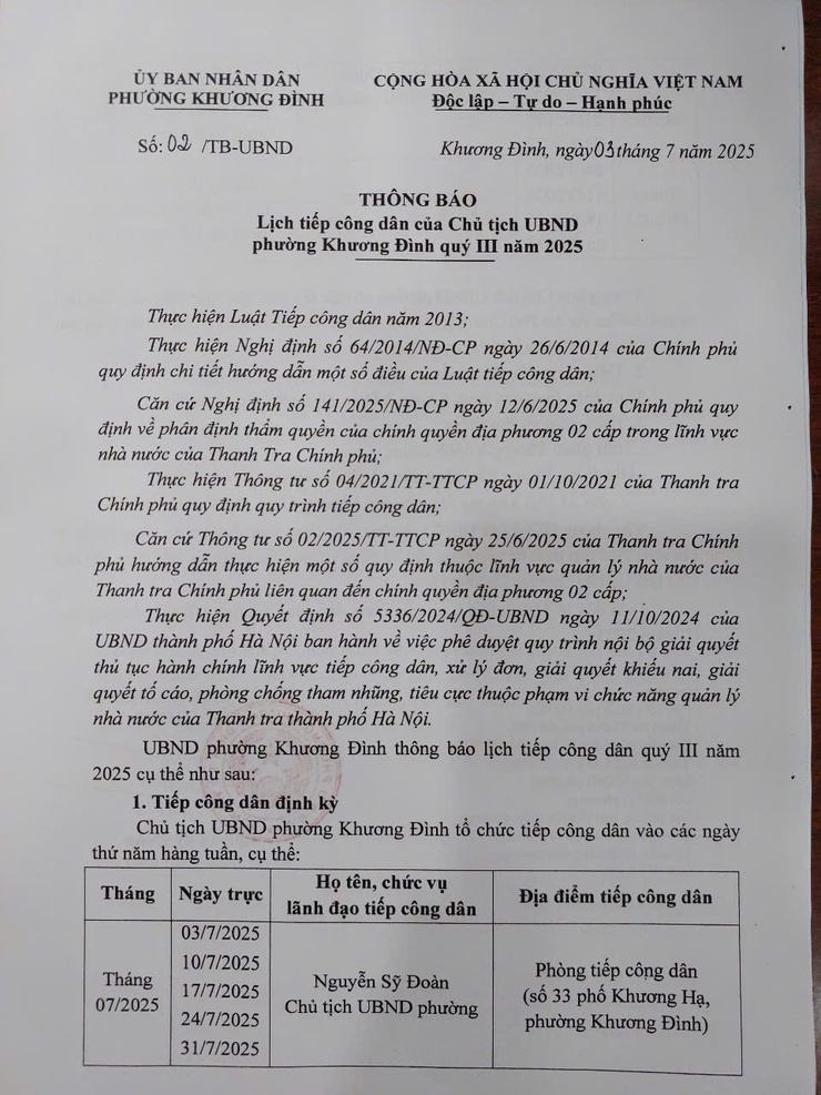 Lịch tiếp công dân quý III/2025 - UBND phường Khương Đình- Ảnh 1.