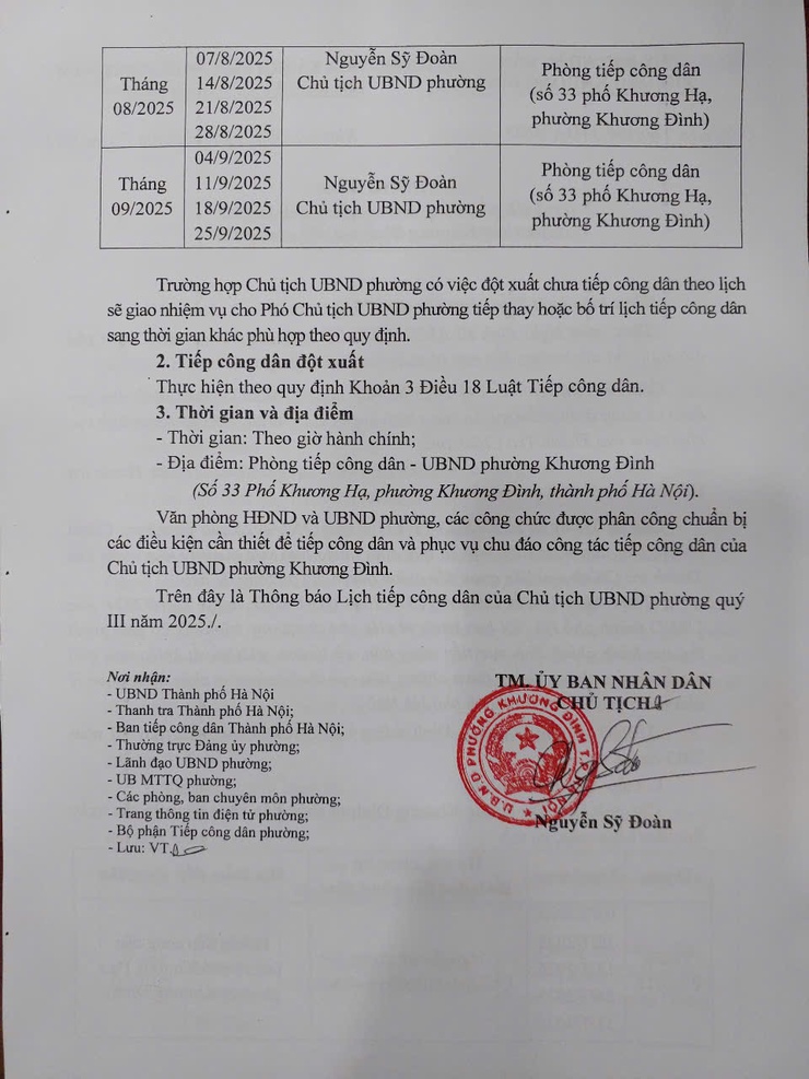 Lịch tiếp công dân quý III/2025 - UBND phường Khương Đình- Ảnh 2.