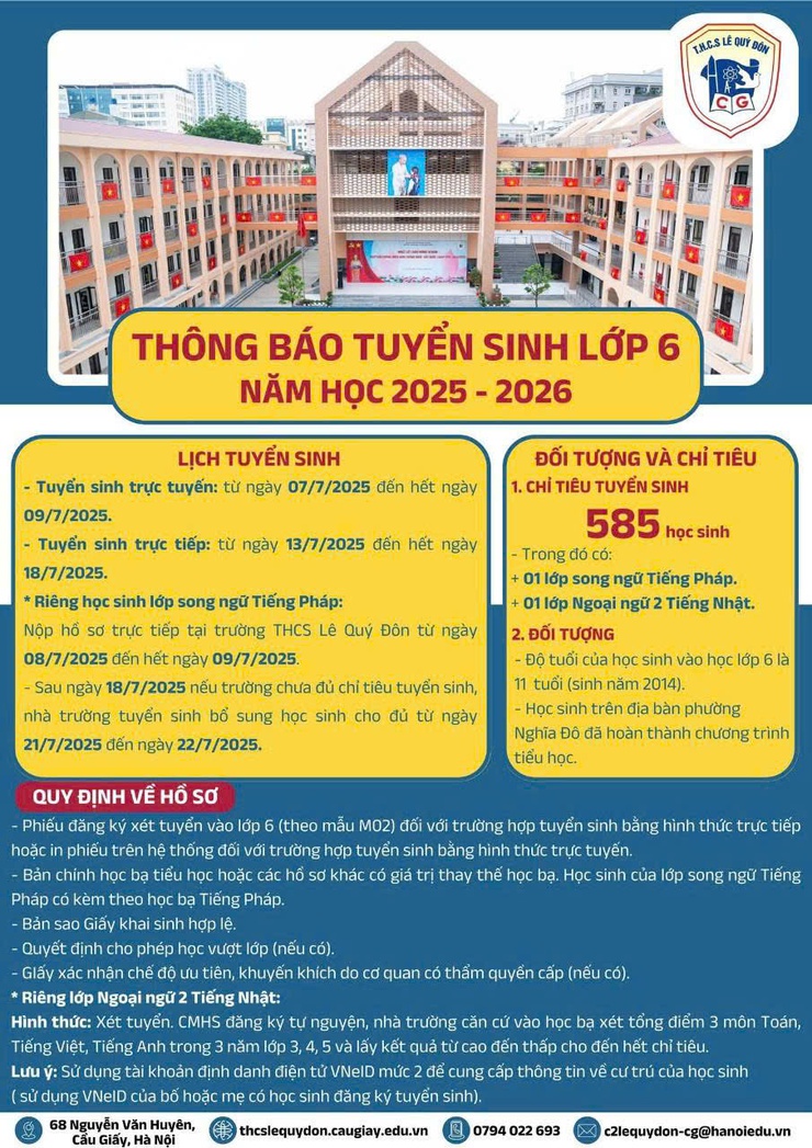 THÔNG BÁO TUYỂN SINH LỚP 6 NĂM HỌC 2025 - 2026 TRƯỜNG THCS LÊ QUÝ ĐÔN- Ảnh 1.