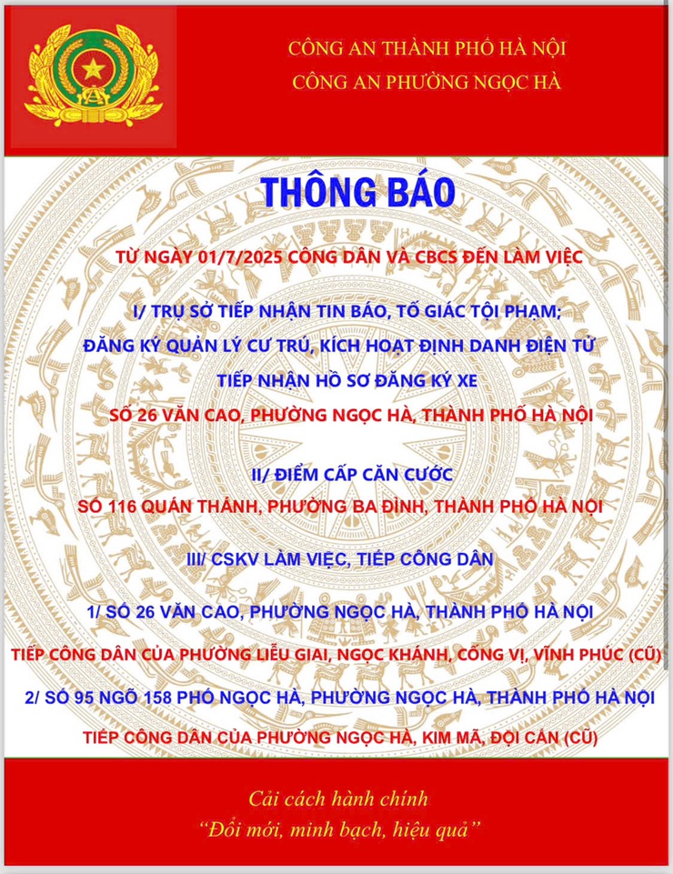 Công an phường Ngọc Hà thông báo các trụ sở làm việc từ 01/7/2025- Ảnh 1.