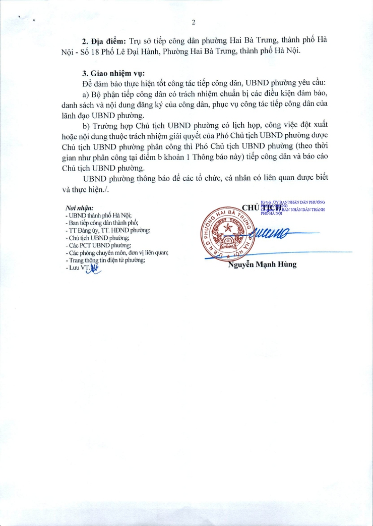 Lịch tiếp công dân định kỳ của Chủ tịch UBND phường Hai Bà Trưng năm 2025- Ảnh 2.