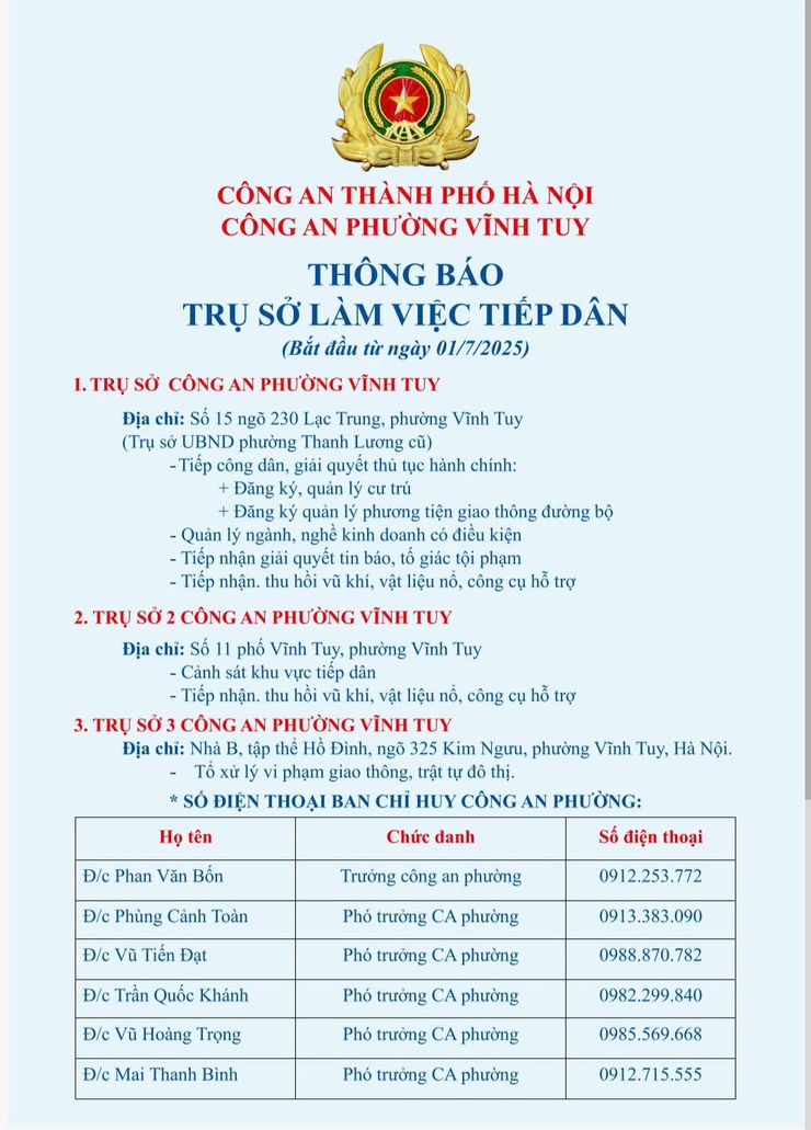 Công an phường Vĩnh Tuy thông báo trụ sở làm việc, tiếp dân của công an phường  - Ảnh 1.
