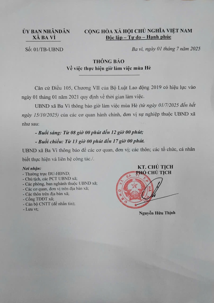 THÔNG BÁO GIỜ LÀM VIỆC MÙA HÈ XÃ BA VÌ- Ảnh 1.