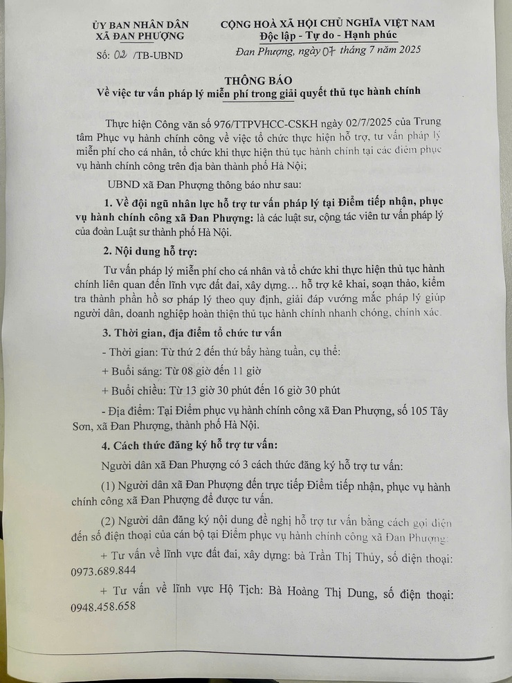 Thông báo về việc tư vấn pháp lý miễn phí trong giải quyết thủ tục hành chính xã Đan Phượng- Ảnh 1.