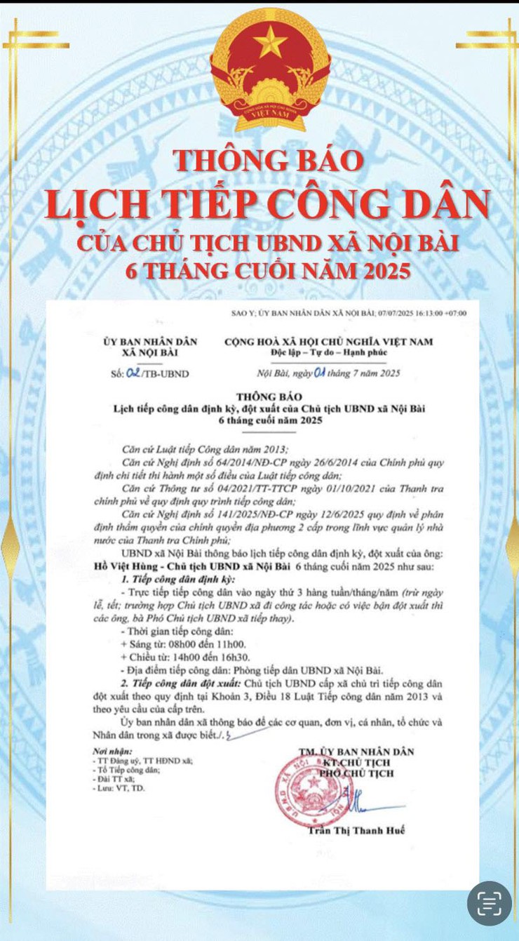 THÔNG BÁO LỊCH TIẾP CÔNG DÂN CỦA CHỦ TỊCH UBND XÃ NỘI BÀI, PHÂN CÔNG LỊCH TIẾP CÔNG DÂN THƯỜNG XUYÊN 6 THÁNG CUỐI NĂM 2025- Ảnh 2.