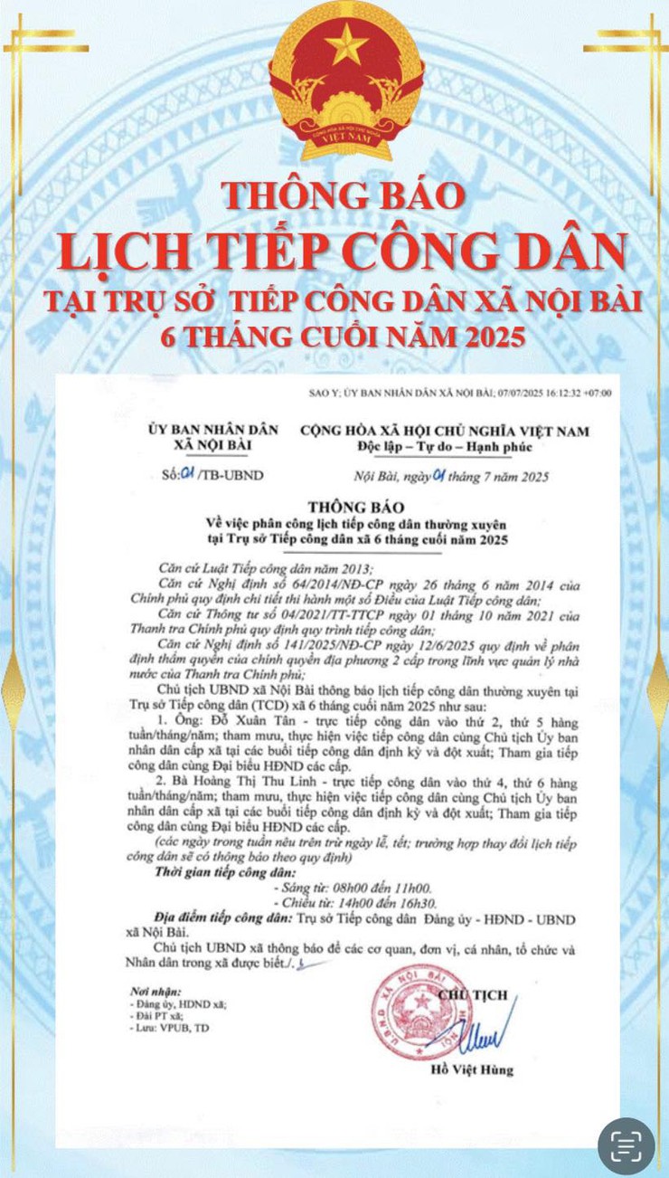 THÔNG BÁO LỊCH TIẾP CÔNG DÂN CỦA CHỦ TỊCH UBND XÃ NỘI BÀI, PHÂN CÔNG LỊCH TIẾP CÔNG DÂN THƯỜNG XUYÊN 6 THÁNG CUỐI NĂM 2025- Ảnh 1.