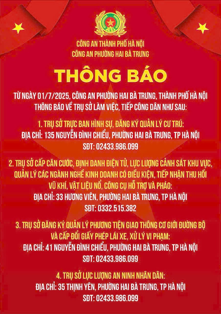 Thông báo địa điểm trụ sở Công an phường Hai Bà Trưng, thành phố Hà Nội.- Ảnh 1.