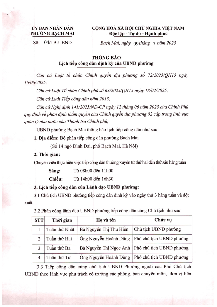 Thông báo Lịch tiếp công dân định kỳ của UBND phường- Ảnh 1.