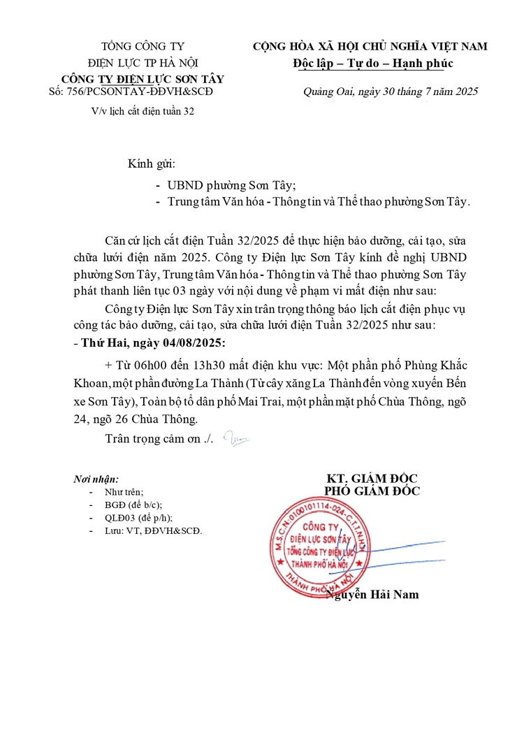 THÔNG BÁO LỊCH CẮT ĐIỆN TUẦN 32 CỦA CÔNG TY ĐIỆN LỰC SƠN TÂY- Ảnh 1.