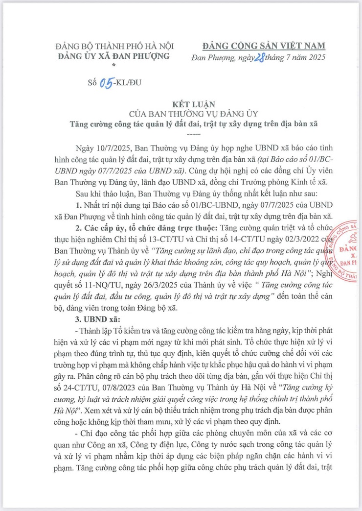 Kết luận số 05-KL/ĐU của Ban Thường Vụ Đảng Ủy về việc tăng cường công tác quản lý đất đai trật tự xây dựng trên địa bàn xã- Ảnh 1.