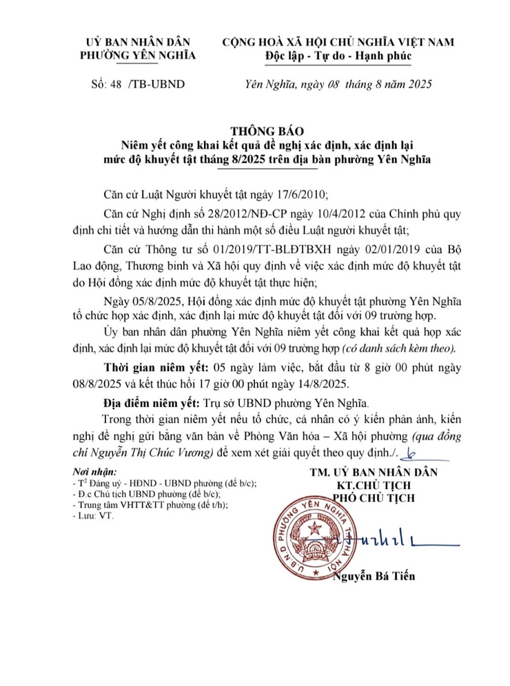 THÔNG BÁO NIÊM YẾT CÔNG KHAI KẾT QUẢ ĐỀ NGHỊ XÁC ĐỊNH, XÁC ĐỊNH LẠI MỨC ĐỘ KHUYẾT TẬT- Ảnh 1.