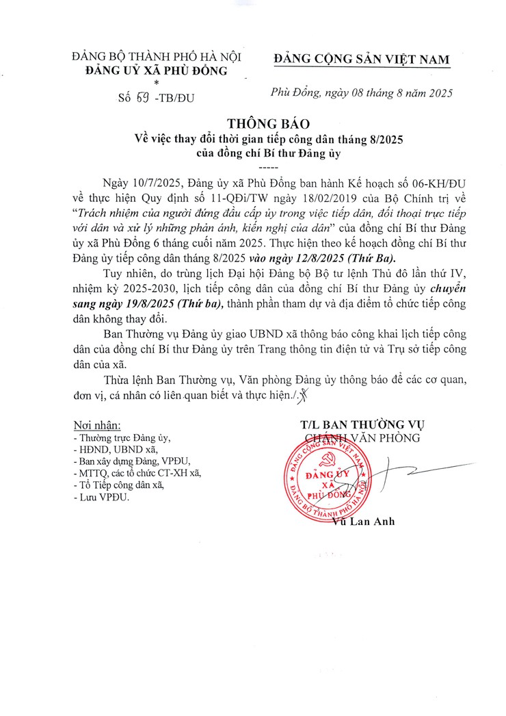 Thông báo thay đổi lịch tiếp công dân tháng 8- Ảnh 1.