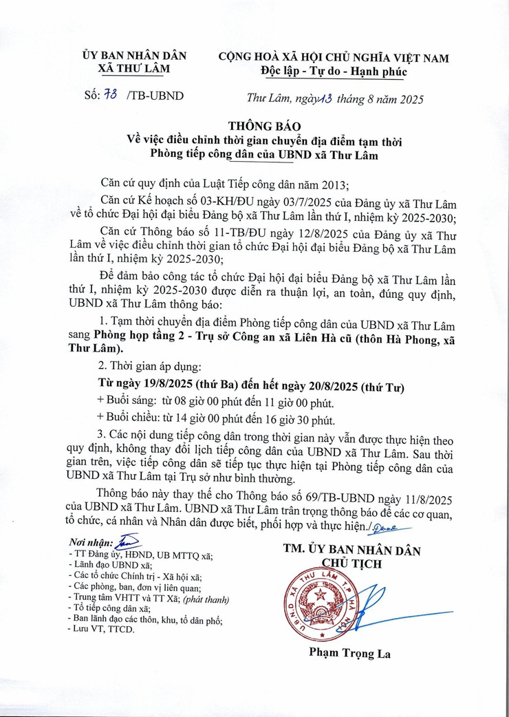 THÔNG BÁO ĐIỀU CHỈNH THỜI GIAN CHUYỂN ĐỊA ĐIỂM TẠM THỜI PHÒNG TIẾP CÔNG DÂN CỦA UBND XÃ THƯ LÂM- Ảnh 1.