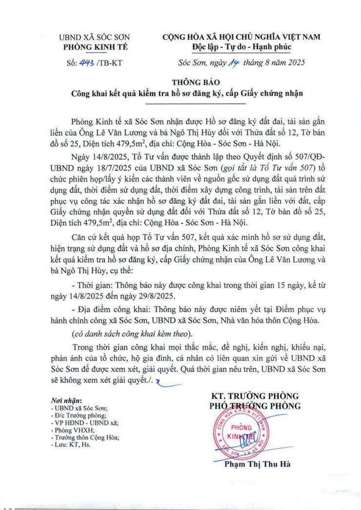 THÔNG BÁO CÔNG KHAI KẾT QUẢ KIỂM TRA HỒ SƠ ĐĂNG KÝ, CẤP GIẤY CHỨNG NHẬN- Ảnh 1.
