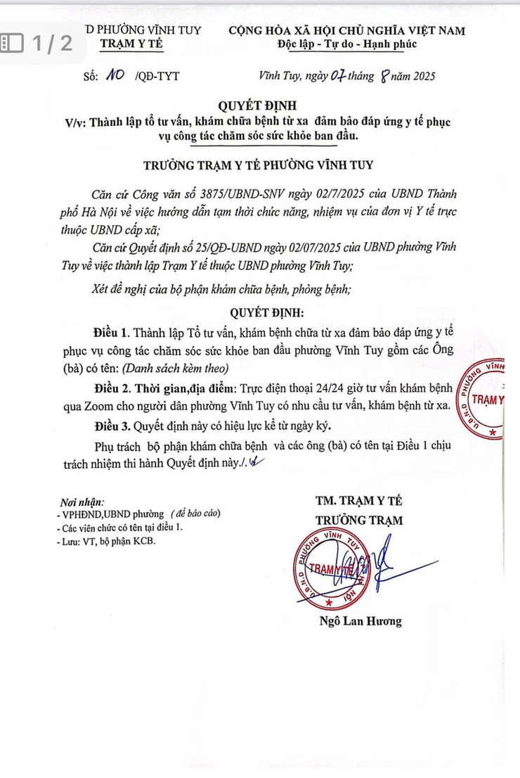 Trạm Y tế Phường Vĩnh Tuy thông báo Quyết định- Ảnh 1.