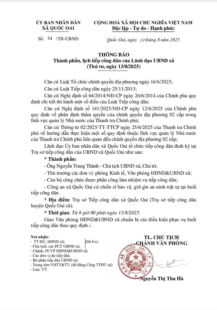 THÔNG BÁO: Thành phần, lịch tiếp công dân của lãnh đạo UBND xã Quốc Oai- Ảnh 1.