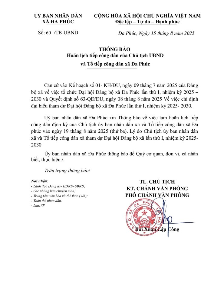 THÔNG BÁO HOÃN LỊCH TIẾP CÔNG DÂN- Ảnh 1.