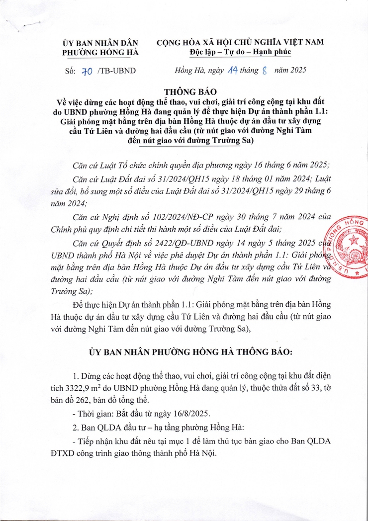 Thông báo về việc dừng các hoạt động thể thao, vui chơi, giải trí công cộng tại khu đất do UBND phường Hồng Hà đang quản lý để thực hiện Dự án thành phần 1.1- Ảnh 1.