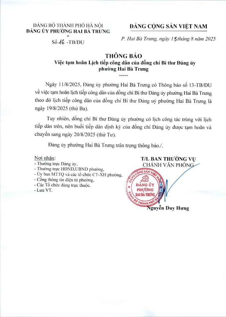 Thông báo tạm hoãn Lịch tiếp công dân của đồng chí Bí thư Đảng ủy phường Hai Bà Trưng.- Ảnh 1.