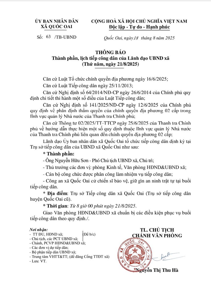 📢📢THÔNG BÁO📢📢 Lịch tiếp công dân của lãnh đạo UBND xã Quốc Oai📢📢- Ảnh 1.