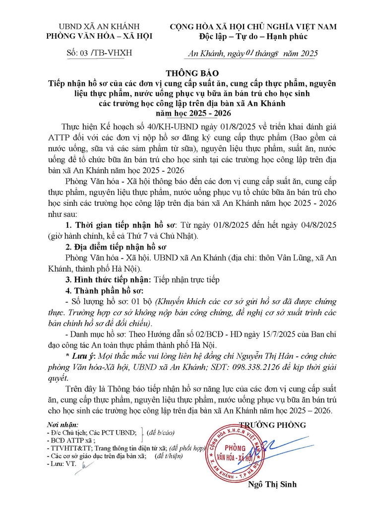 Thông báo: Tiếp nhận hồ sơ của các đơn vị cung cấp suất ăn, cung cấp thực phẩm, nước uống phục vụ tổ chức bữa ăn bán trú cho học sinh các trường học công lập trên địa bàn xã An Khánh- Ảnh 1.