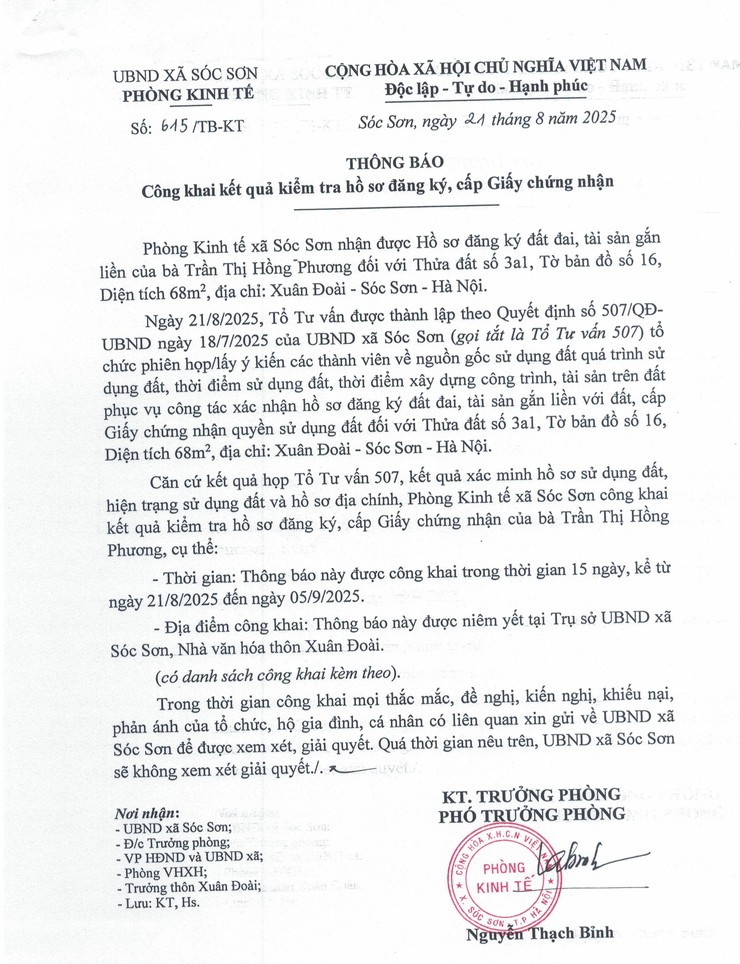 THÔNG BÁO CÔNG KHAI KẾT QUẢ KIỂM TRA HỒ SƠ ĐĂNG KÝ, CẤP GIẤY CHỨNG NHẬN (BÀ TRẦN THỊ HỒNG PHƯƠNG)- Ảnh 1.