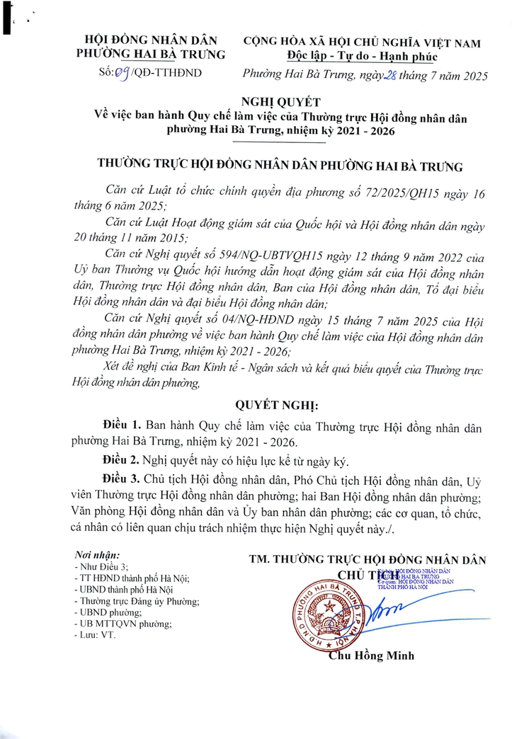 Quy chế làm việc của Thường trực HĐND phường Hai Bà Trưng, nhiệm kỳ 2021 - 2026.- Ảnh 1.