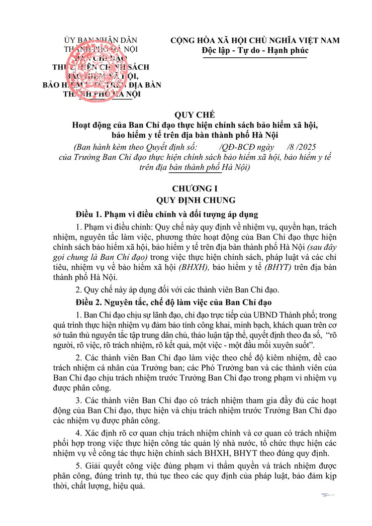 QUY CHẾ HOẠT ĐỘNG CỦA BCĐ THỰC HIỆN CHÍNH SÁCH BHXH, BHYT TRÊN ĐỊA BÀN THÀNH PHỐ HÀ NỘI- Ảnh 1.