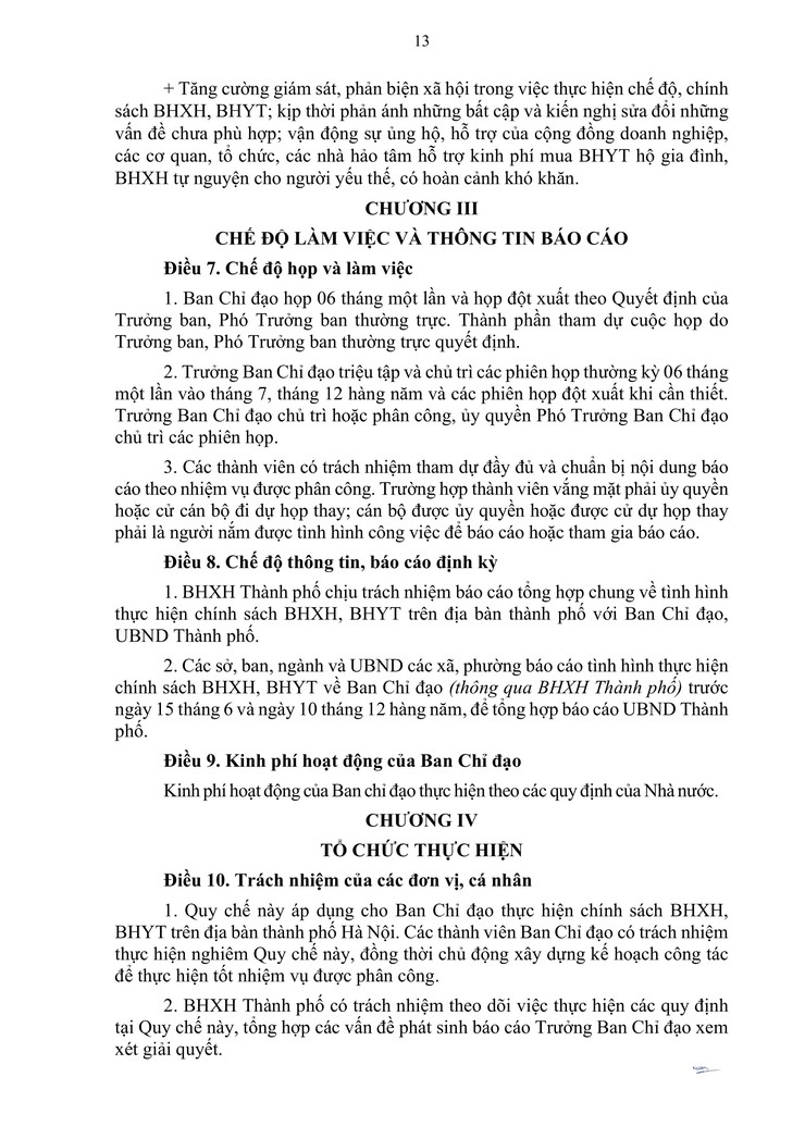 QUY CHẾ HOẠT ĐỘNG CỦA BCĐ THỰC HIỆN CHÍNH SÁCH BHXH, BHYT TRÊN ĐỊA BÀN THÀNH PHỐ HÀ NỘI- Ảnh 13.