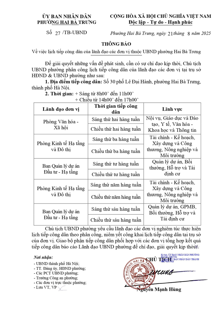 Thông báo về việc lịch tiếp công dân của lãnh đạo các đơn vị thuộc UBND phường Hai Bà Trưng.- Ảnh 1.