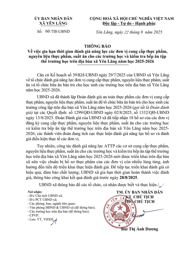 THÔNG BÁO VỀ VIỆC GIA HẠN THỜI GIAN ĐÁNH GIÁ NĂNG LỰC CÁC ĐƠN VỊ CUNG CẤP THỰC PHẨM, NGUYÊN LIỆU THỰC PHẨM, SUẤT ĂN CHO CÁC TRƯỜNG HỌC VÀ KIỂM TRA BẾP ĂN TẬP THỂ TRƯỜNG HỌC TRÊN ĐỊA BÀN XÃ YÊN LÃNG NĂM HỌC 2025-2026.- Ảnh 1.