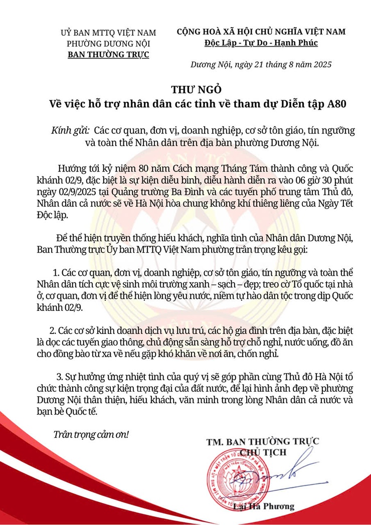 Uỷ ban MTTQ Việt Nam phường Dương Nội ra Thư ngỏ vận động nhân dân hưởng ứng và hỗ trợ sự kiện A80- Ảnh 1.