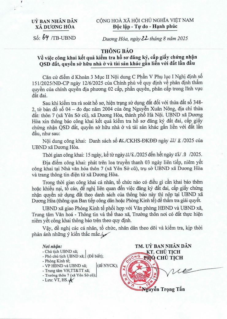 Thông báo về việc công khai kết quả kiểm tra hồ sơ đăng ký, cấp giấy chứng nhận quyền sử dụng đất, quyền sở hữu nhà ở và tài sản khác gắn liền với đất lần đầu đối với ông Nguyễn Xuân Nông
- Ảnh 1.