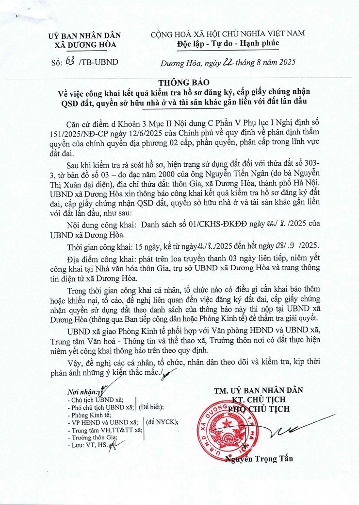 Thông báo về việc công khai kết quả kiểm tra hồ sơ đăng ký, cấp giấy chứng nhận quyền sử dụng đất, quyền sở hữu nhà ở và tài sản khác gắn liền với đất lần đầu đối với ông Nguyễn Tiến Ngân- Ảnh 1.