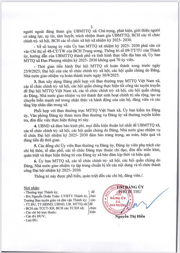 Thông tri về lãnh đạo Đại hội Mặt trận Tổ quốc Việt Nam, các tổ chức chính trị - xã hội Xã Đan Phượng, nhiệm kỳ 2025-2030- Ảnh 3.