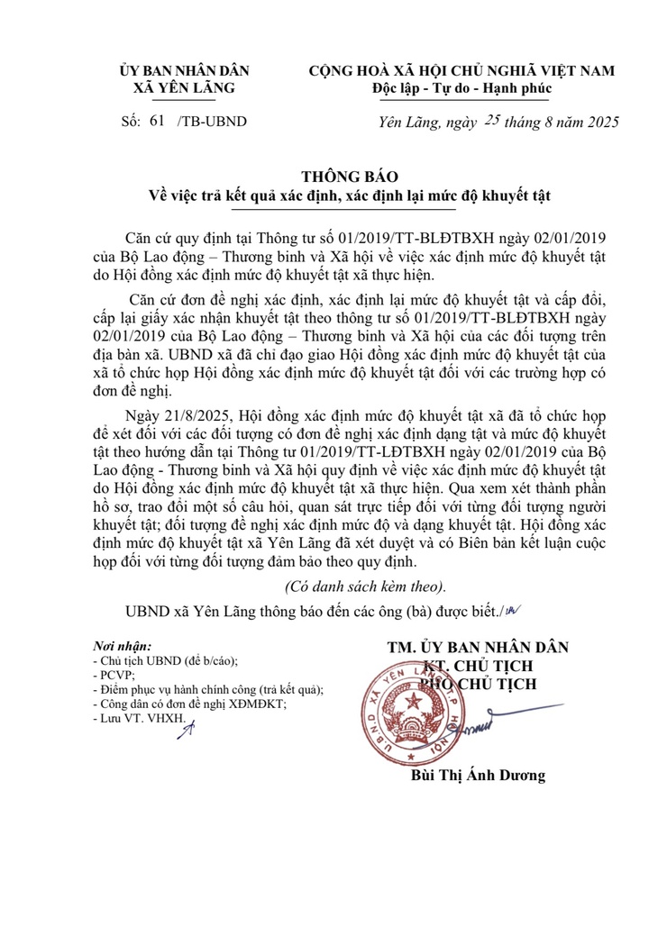 THÔNG BÁO THÁNG 8 NĂM 2025 VỀ VIỆC TRẢ KẾT QUẢ XÁC ĐỊNH, XÁC ĐỊNH LẠI MỨC ĐỘ KHUYẾT TẬT.- Ảnh 1.