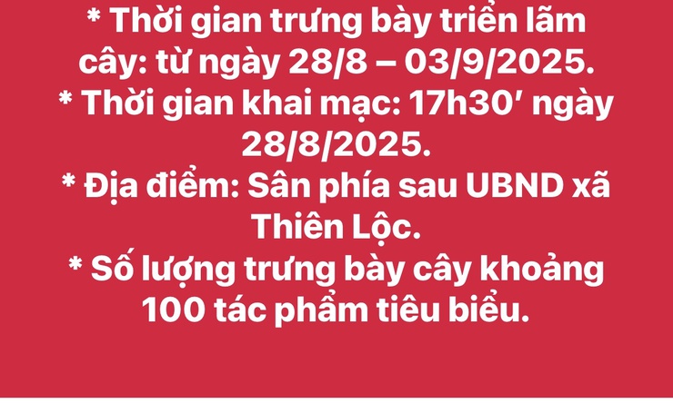                                    THÔNG BÁO
 TRIỂN LÃM CÁC TÁC PHẨM CÂY CẢNH NGHỆ                THUẬT CHÀO MỪNG KỶ NIỆM 80 NĂM CÁCH MẠNG THÁNG TÁM VÀ QUỐC KHÁNH 02/9- Ảnh 4.