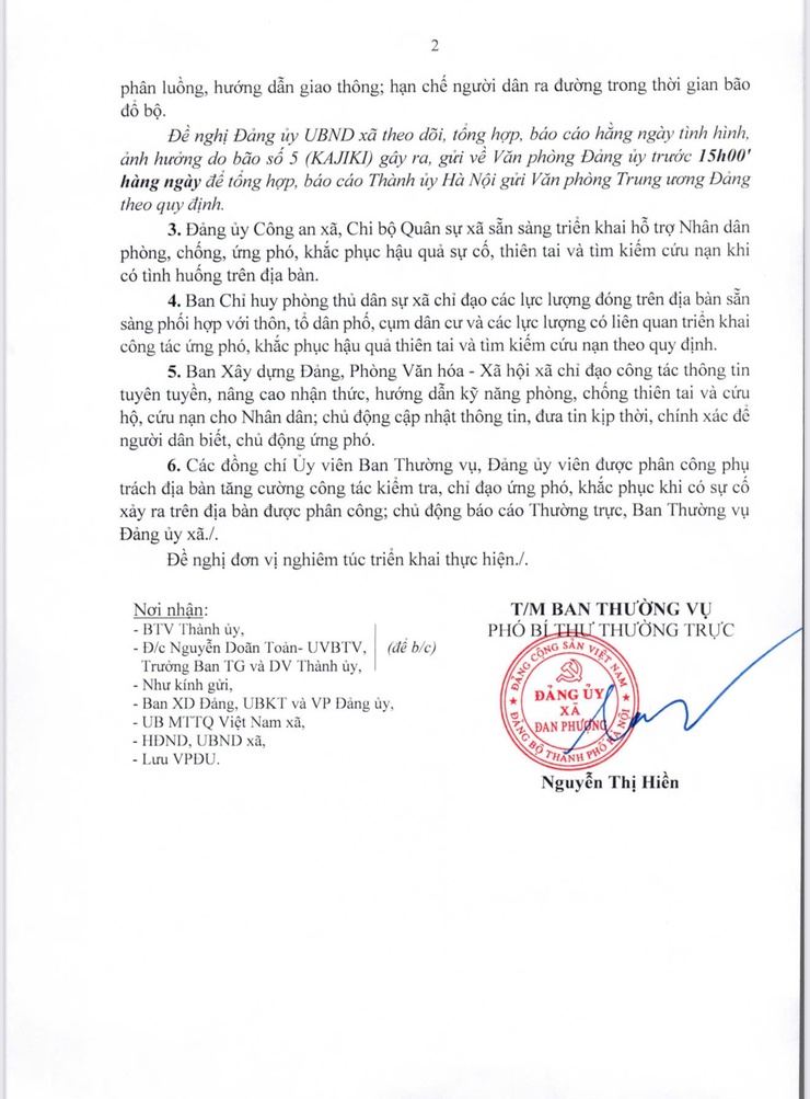 Công văn của Đảng ủy xã Đan Phượng về chủ động ứng phó với cơn bão số 5 năm 2025.- Ảnh 2.