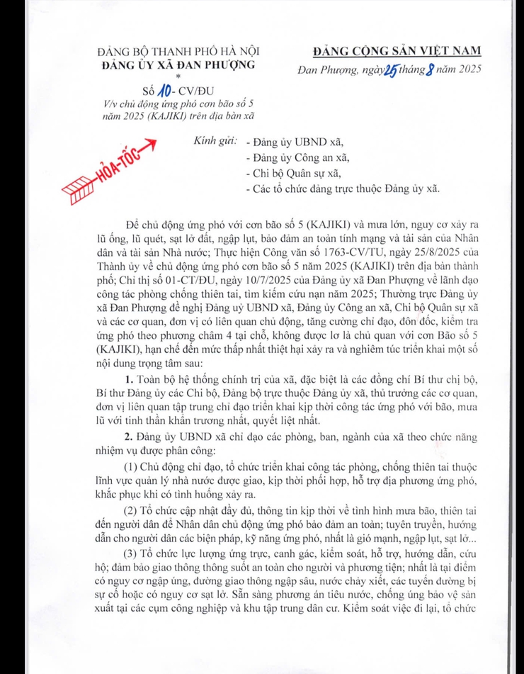 Công văn của Đảng ủy xã Đan Phượng về chủ động ứng phó với cơn bão số 5 năm 2025.- Ảnh 1.