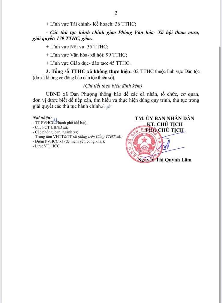 Thông báo Danh mục các thủ tục hành chính thuộc phạm vi giải quyết của UBND xã, các phòng thuộc UBND xã Đan Phượng.- Ảnh 2.