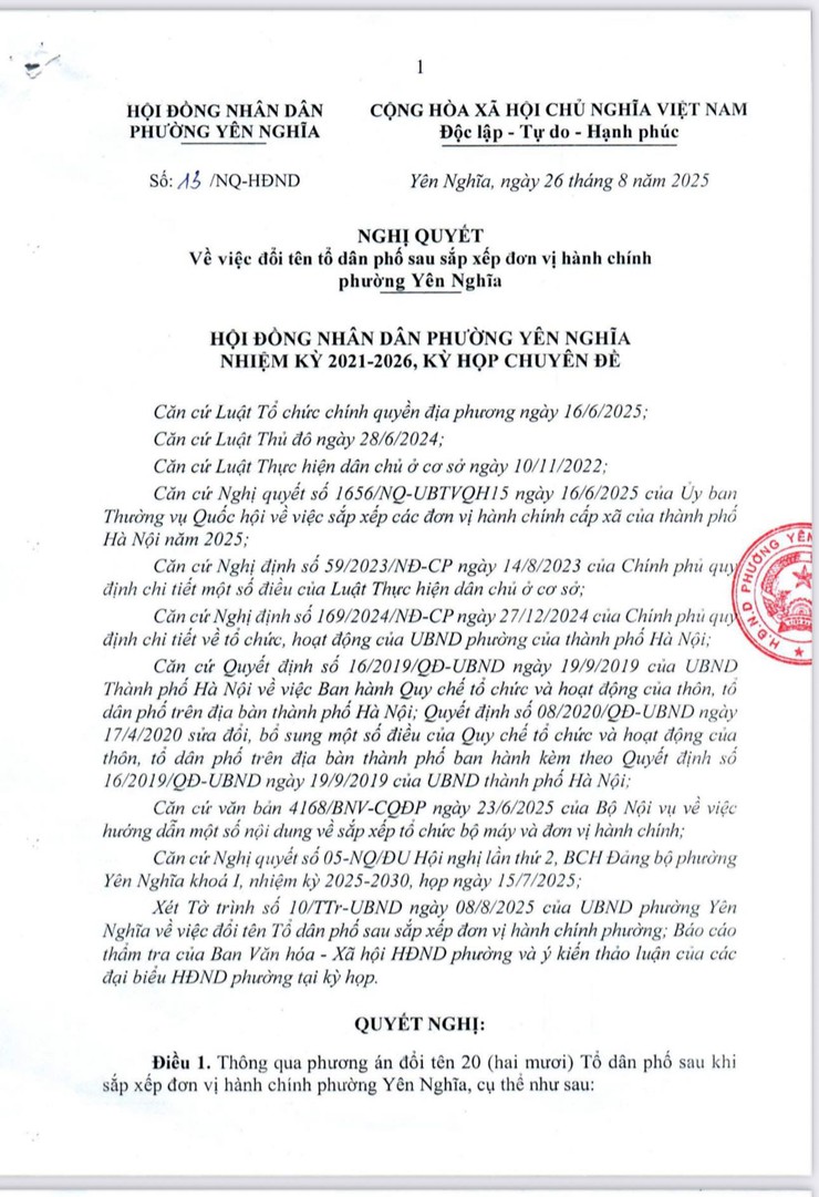 Nghị quyết của HĐND phường về việc đổi tên TDP sau sắp xếp đơn vị hành chính phường Yên Nghĩa- Ảnh 1.
