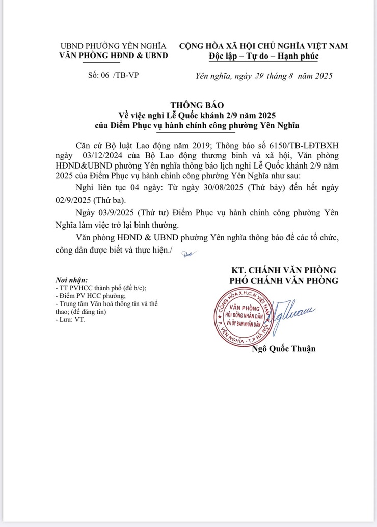 THÔN BÁO NGHỈ LỄ 2/9 ĐIỂM DỊCH VỤ CÔNG PHƯỜNG YÊN NGHĨA- Ảnh 1.