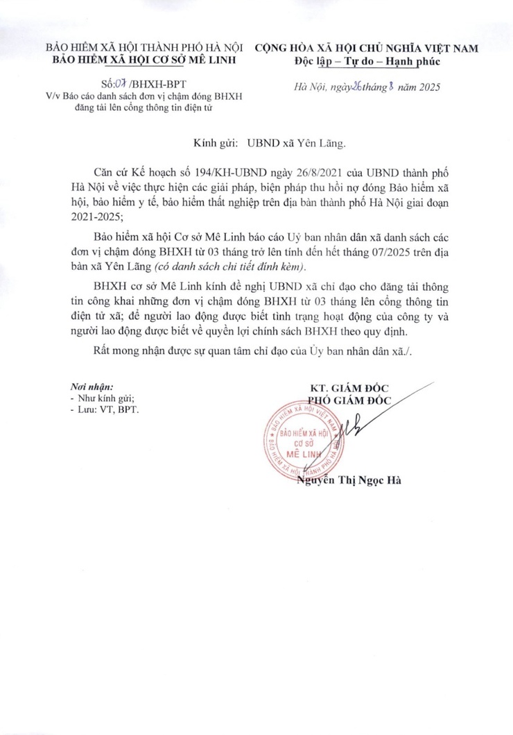 THÔNG BÁO DANH SÁCH CÁC ĐƠN VỊ CHẬM ĐÓNG BHXH TỪ 03 THÁNG TRỞ LÊN TÍNH ĐẾN HẾT THÁNG 07/2025 TRÊN ĐỊA BÀN XÃ YÊN LÃNG.- Ảnh 1.