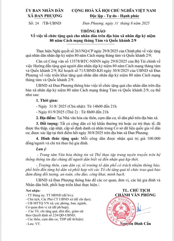 Thông báo về việc tặng quà cho nhân dân trên địa bàn xã nhân dịp kỷ niệm 80 năm Cách mạng tháng Tám và Quốc khánh 2/9- Ảnh 1.