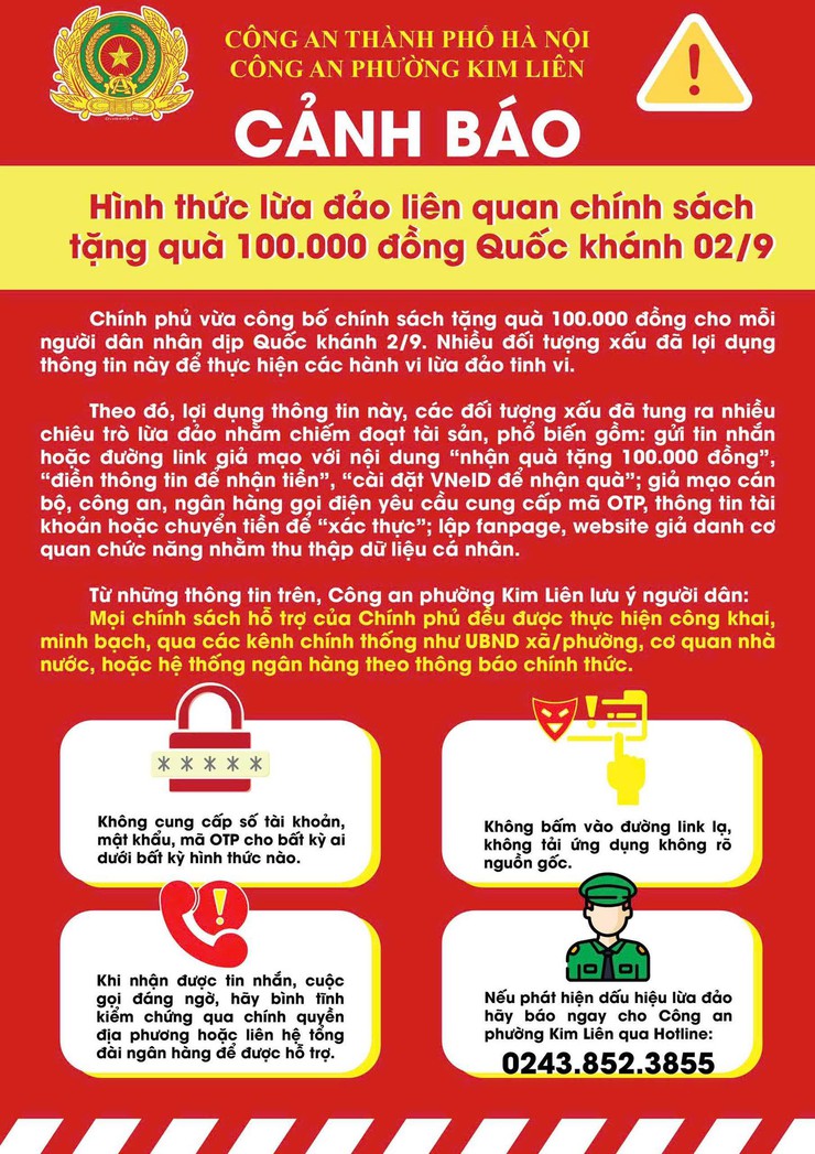 Công an Phường Kim Liên: cảnh báo hình thức lừa đảo liên quan chính sách tặng quà 100.000 đồng Quốc khánh 2/9 - Ảnh 1.