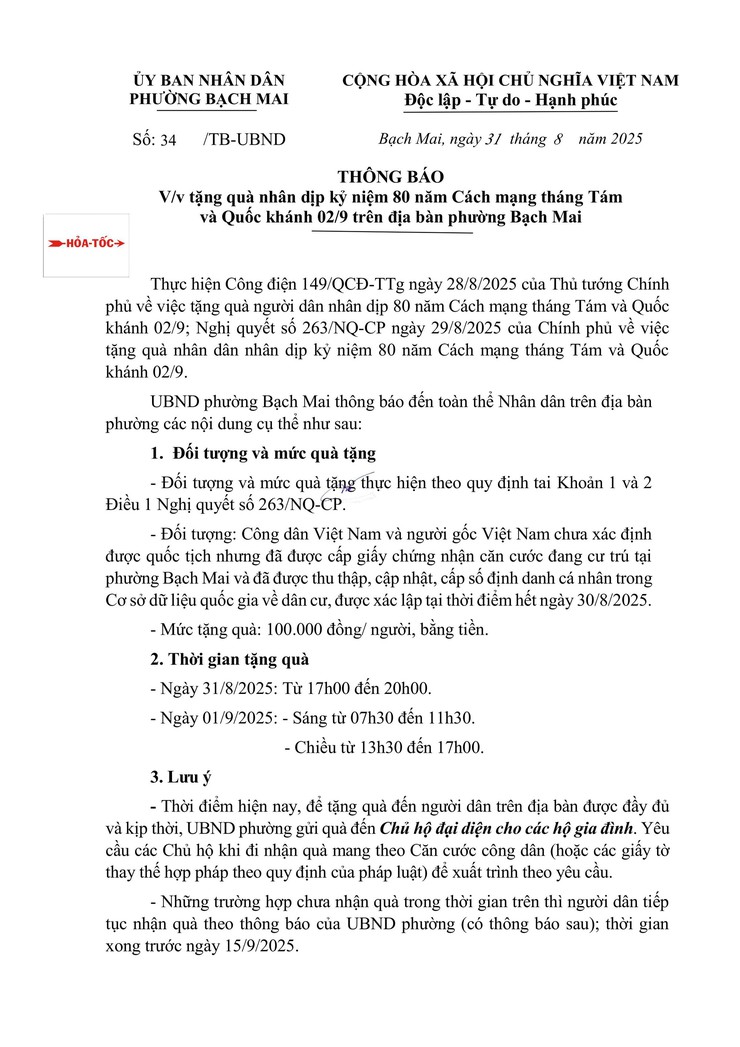 Thông báo tặng quà nhân dịp kỷ niệm 80 năm Cách mạng tháng Tám và Quốc khánh 02/9 trên địa bàn phường Bạch Mai- Ảnh 1.