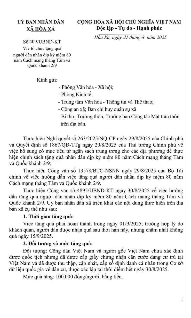 UBND xã Hoà Xá triển khai các văn bản, thông báo về việc tặng quà của Nhà nước cho nhân dân nhân dịp Cách mạng tháng Tám thành công và Quốc Khánh 2/9- Ảnh 1.