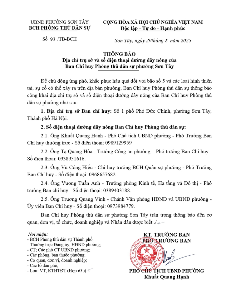 PHƯỜNG SƠN TÂY THÔNG BÁO ĐỊA CHỈ TRỤ SỞ VÀ SỐ ĐIỆN THOẠI ĐƯỜNG DÂY NÓNG CỦA BCH PHÒNG THỦ DÂN SỰ- Ảnh 1.