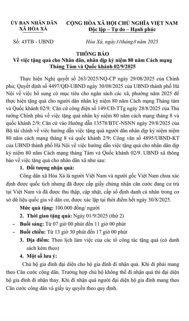 UBND xã Hoà Xá triển khai các văn bản, thông báo về việc tặng quà của Nhà nước cho nhân dân nhân dịp Cách mạng tháng Tám thành công và Quốc Khánh 2/9- Ảnh 4.