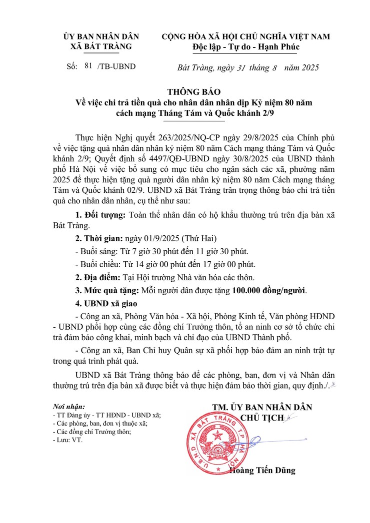 Thông báo của UBND xã Bát Tràng về việc chi trả tiền quà cho Nhân dân nhân dịp Kỷ niệm 80 năm cách mạng Tháng Tám và Quốc khánh 2/9- Ảnh 1.